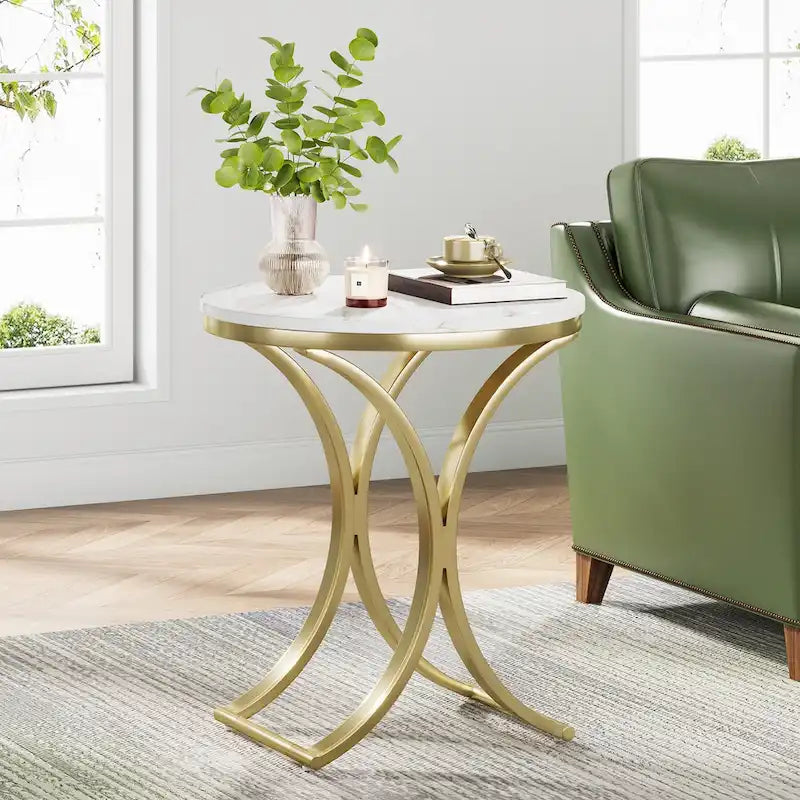 Table d'appoint ronde avec plateau en faux marbre blanc/noir/marron et piètement en métal doré, style moderne, pour 1 personne