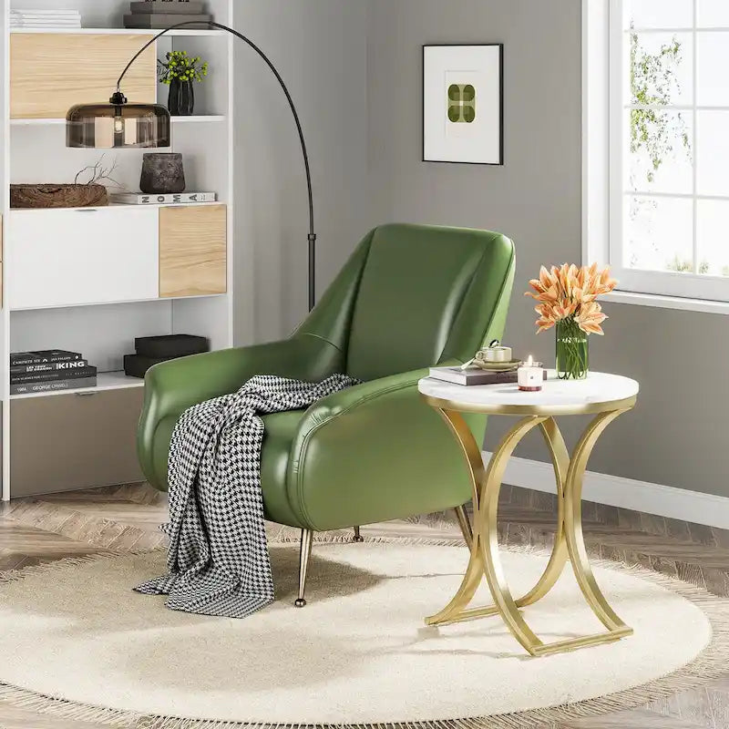 Table d'appoint ronde avec plateau en faux marbre blanc/noir/marron et piètement en métal doré, style moderne, pour 1 personne