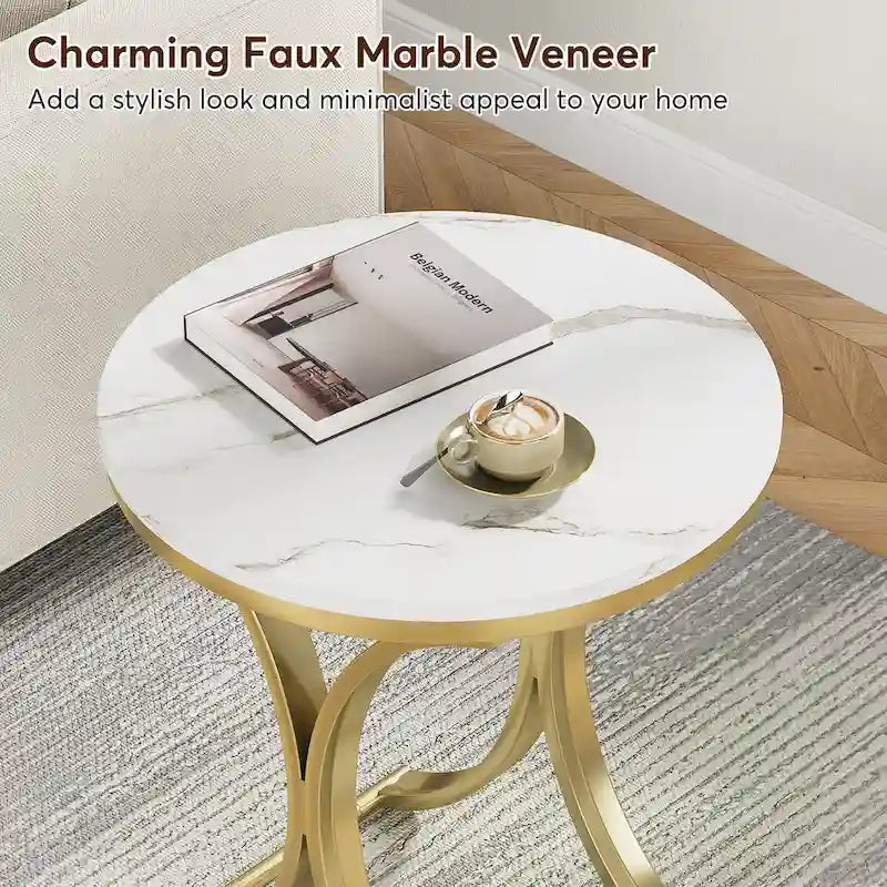 Table d'appoint ronde avec plateau en faux marbre blanc/noir/marron et piètement en métal doré, style moderne, pour 1 personne
