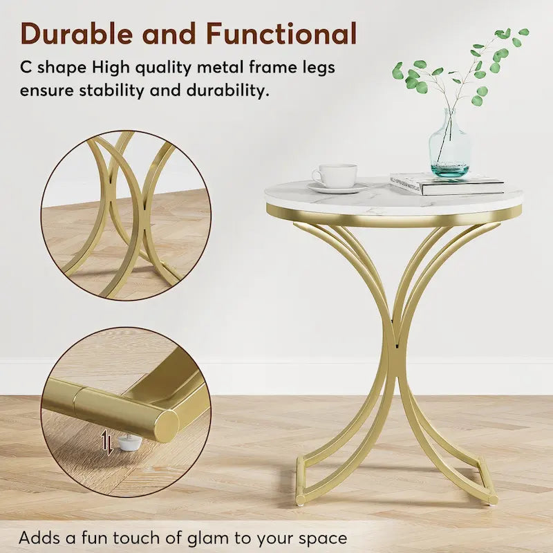 Table d'appoint ronde avec plateau en faux marbre blanc/noir/marron et piètement en métal doré, style moderne, pour 1 personne