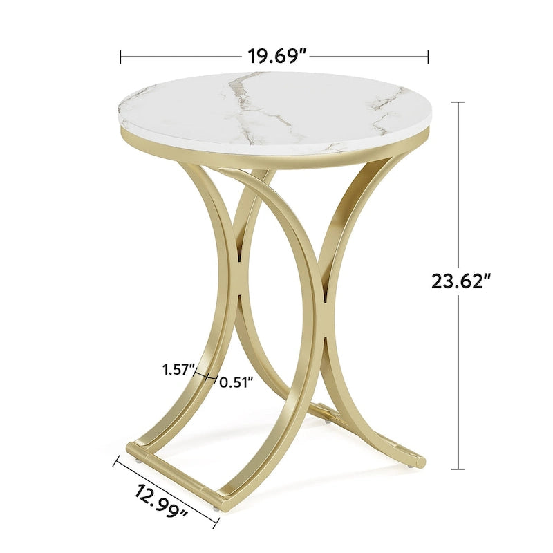 Table d'appoint ronde avec plateau en faux marbre blanc/noir/marron et piètement en métal doré, style moderne, pour 1 personne