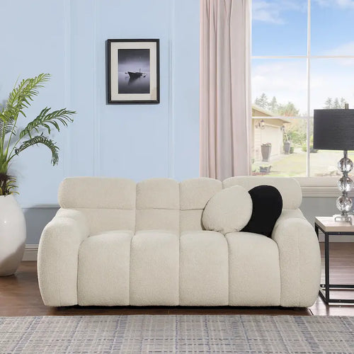 Canapé 3 places en bouclette beige avec coussins en mousse multi-densité et 2 oreillers, style moderne, 3 personnes