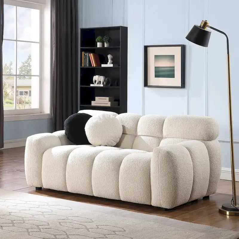 Canapé 3 places en bouclette beige avec coussins en mousse multi-densité et 2 oreillers, style moderne, 3 personnes
