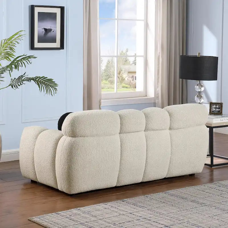 Canapé 3 places en bouclette beige avec coussins en mousse multi-densité et 2 oreillers, style moderne, 3 personnes