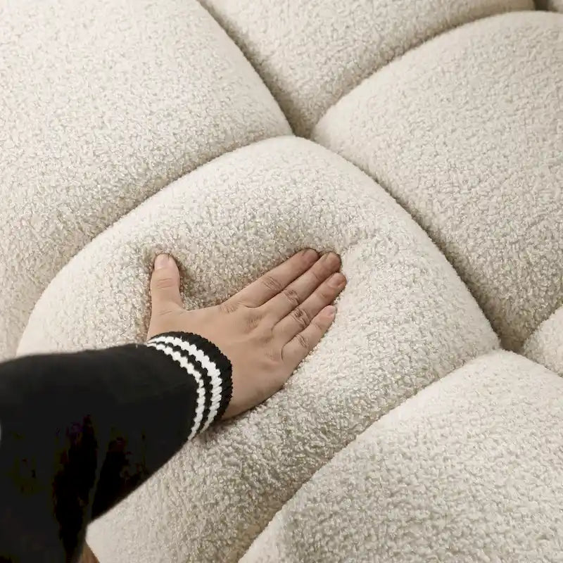 Canapé 3 places en bouclette beige avec coussins en mousse multi-densité et 2 oreillers, style moderne, 3 personnes