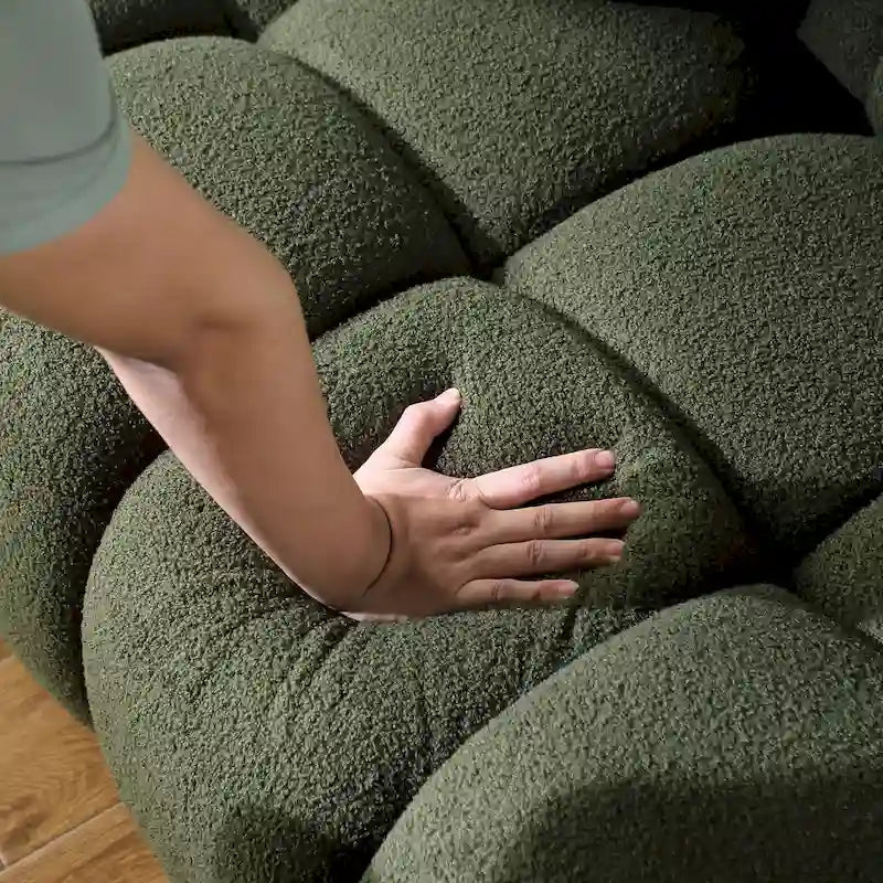Canapé 3 places en bouclette beige avec coussins en mousse multi-densité et 2 oreillers, style moderne, 3 personnes