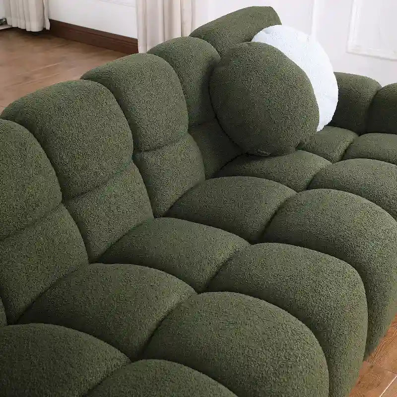 Canapé 3 places en bouclette beige avec coussins en mousse multi-densité et 2 oreillers, style moderne, 3 personnes