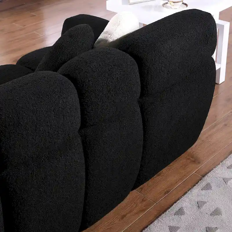 Canapé 3 places en bouclette beige avec coussins en mousse multi-densité et 2 oreillers, style moderne, 3 personnes