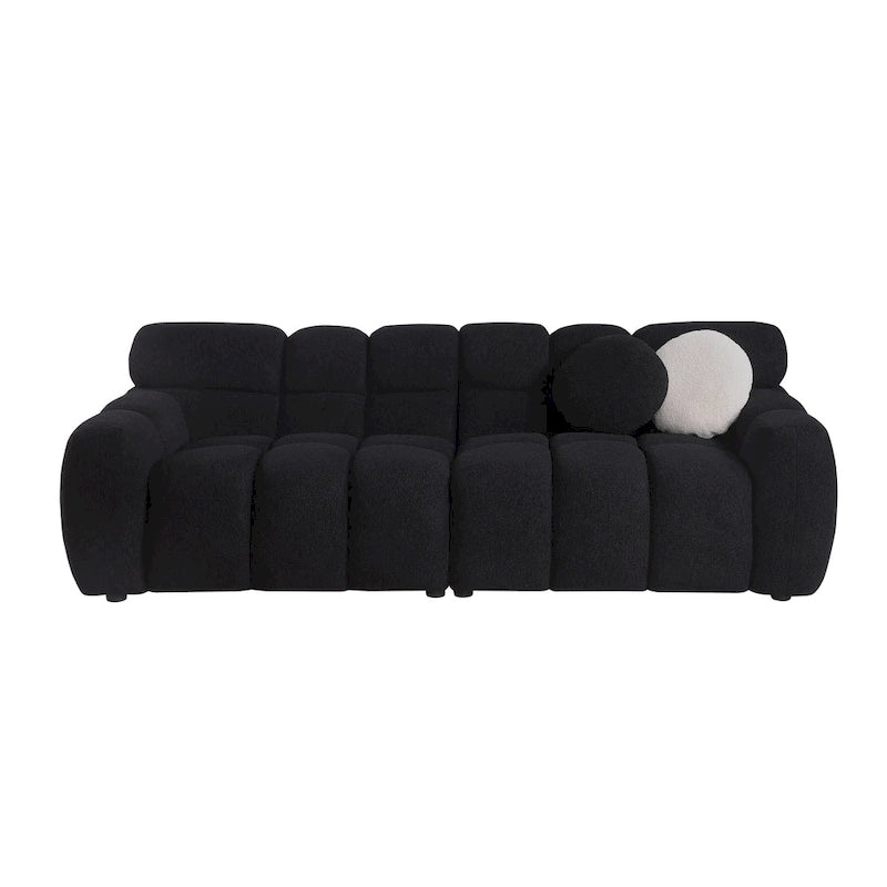 Canapé 3 places en bouclette beige avec coussins en mousse multi-densité et 2 oreillers, style moderne, 3 personnes