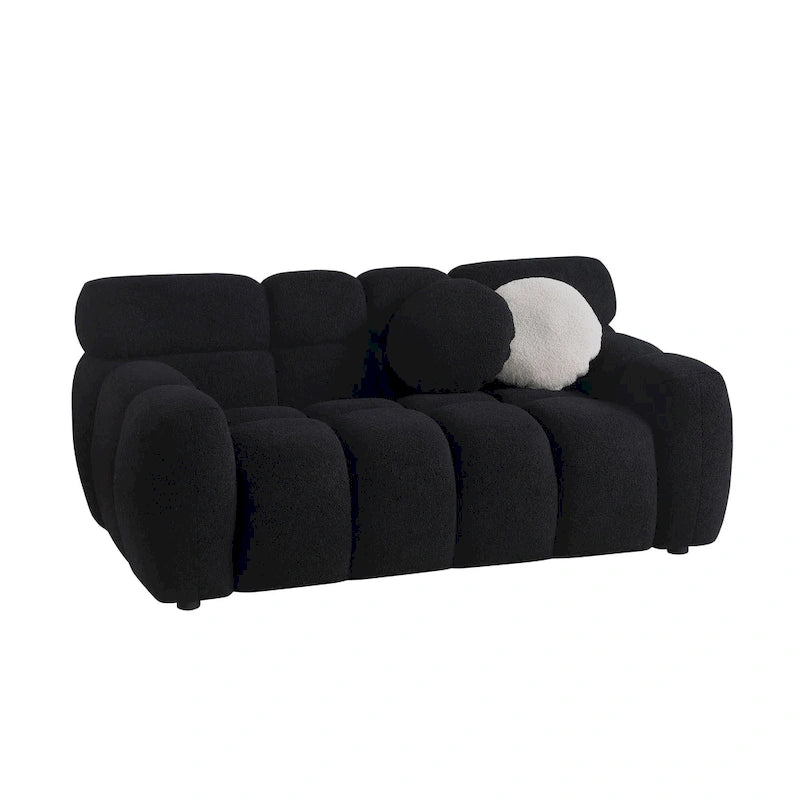 Canapé 3 places en bouclette beige avec coussins en mousse multi-densité et 2 oreillers, style moderne, 3 personnes