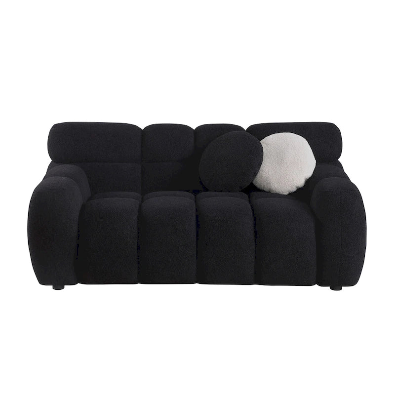 Canapé 3 places en bouclette beige avec coussins en mousse multi-densité et 2 oreillers, style moderne, 3 personnes