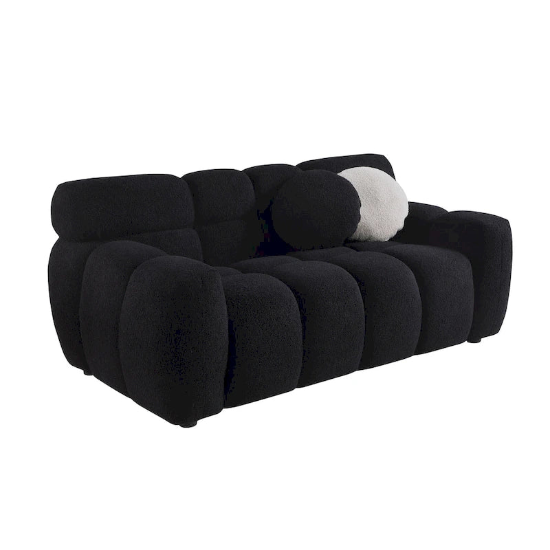 Canapé 3 places en bouclette beige avec coussins en mousse multi-densité et 2 oreillers, style moderne, 3 personnes