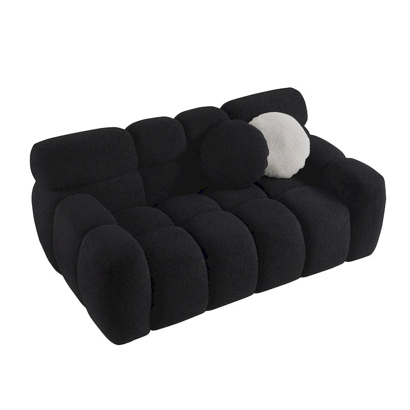 Canapé 3 places en bouclette beige avec coussins en mousse multi-densité et 2 oreillers, style moderne, 3 personnes
