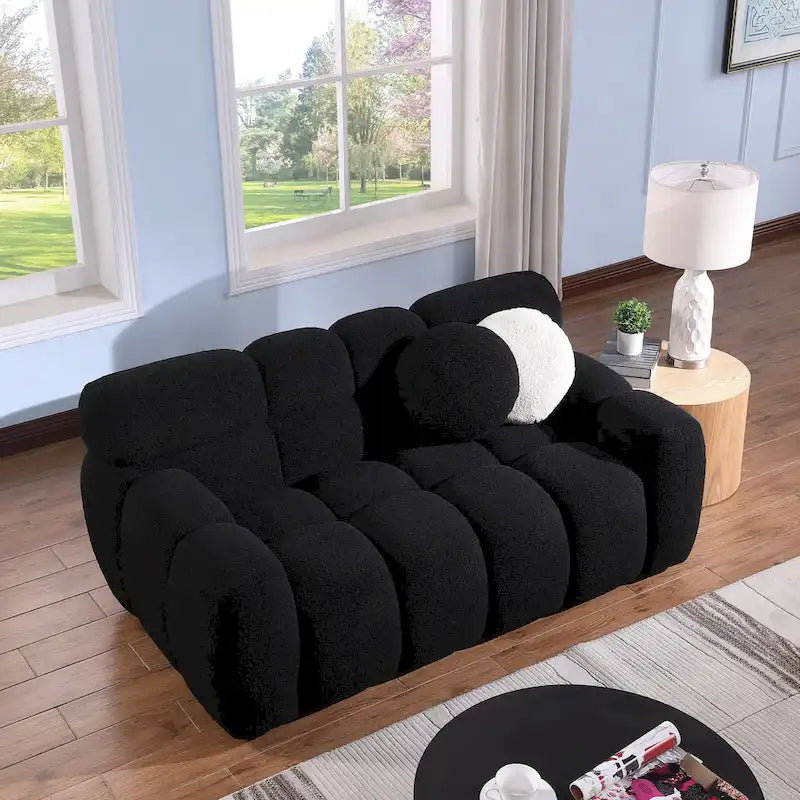 Canapé 3 places en bouclette beige avec coussins en mousse multi-densité et 2 oreillers, style moderne, 3 personnes