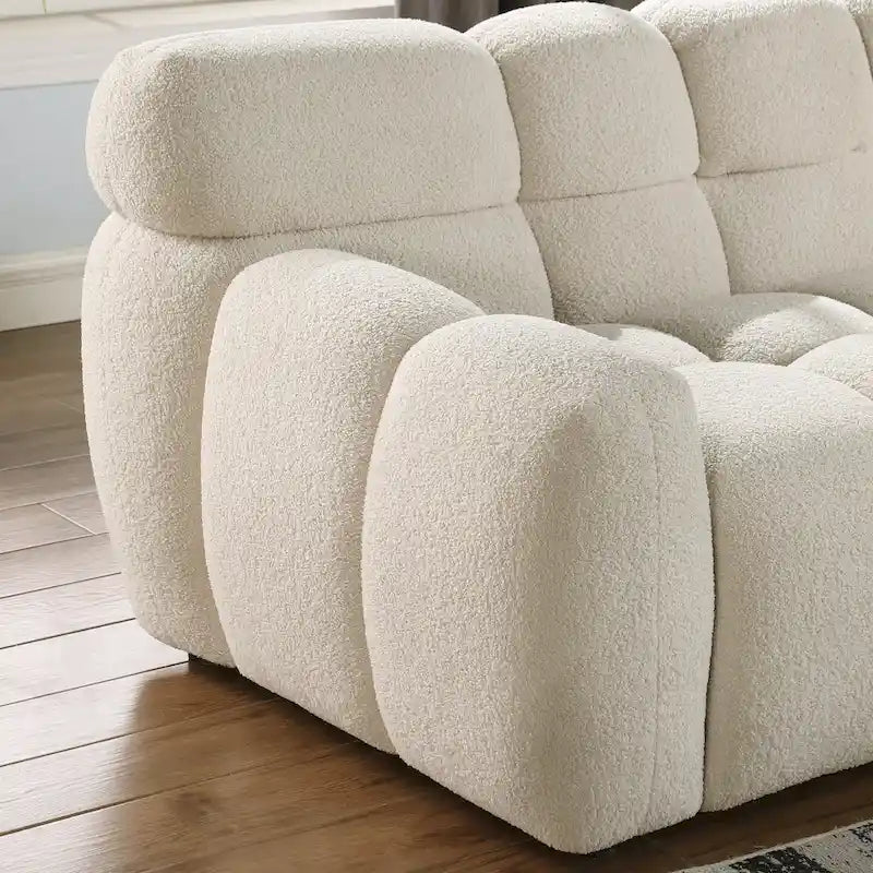 Canapé 3 places en bouclette beige avec coussins en mousse multi-densité et 2 oreillers, style moderne, 3 personnes