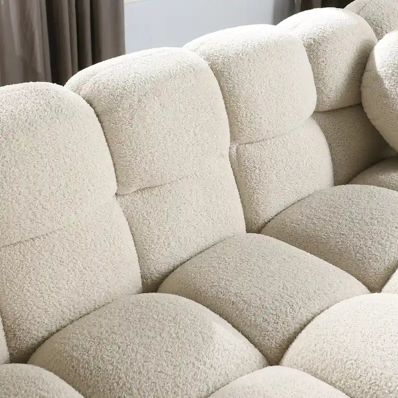 Canapé 3 places en bouclette beige avec coussins en mousse multi-densité et 2 oreillers, style moderne, 3 personnes