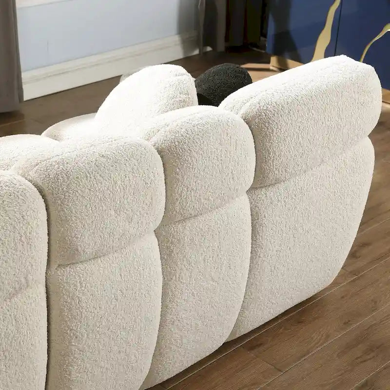 Canapé 3 places en bouclette beige avec coussins en mousse multi-densité et 2 oreillers, style moderne, 3 personnes