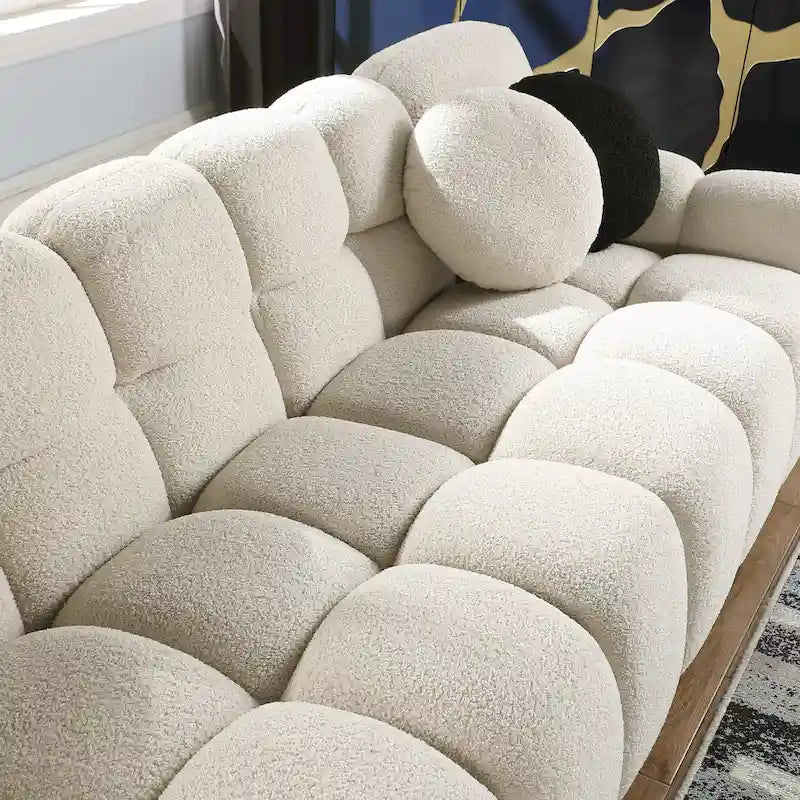 Canapé 3 places en bouclette beige avec coussins en mousse multi-densité et 2 oreillers, style moderne, 3 personnes