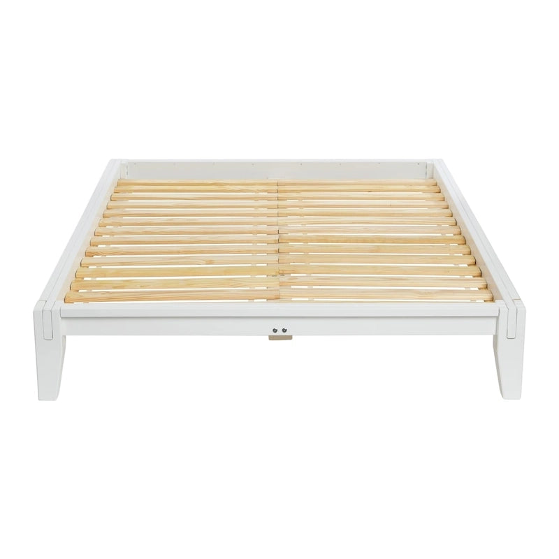 Lit bas plateforme en bois massif style Mid-Century avec assemblages japonais et lattes en bois, King, 2 personnes, Blanc / Noir / Marron