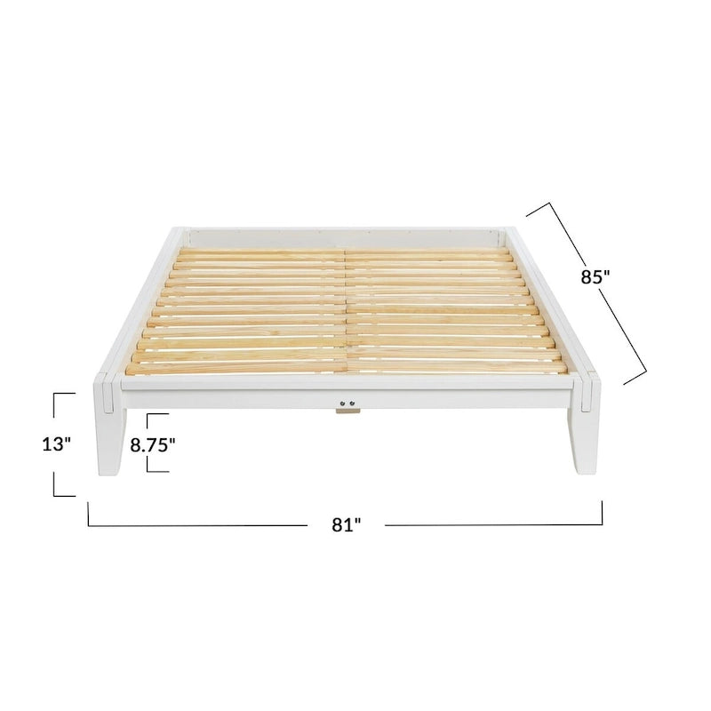 Lit bas plateforme en bois massif style Mid-Century avec assemblages japonais et lattes en bois, King, 2 personnes, Blanc / Noir / Marron