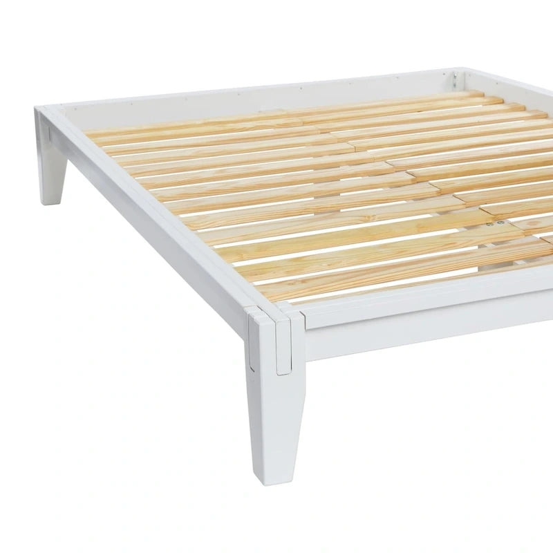 Lit bas plateforme en bois massif style Mid-Century avec assemblages japonais et lattes en bois, King, 2 personnes, Blanc / Noir / Marron