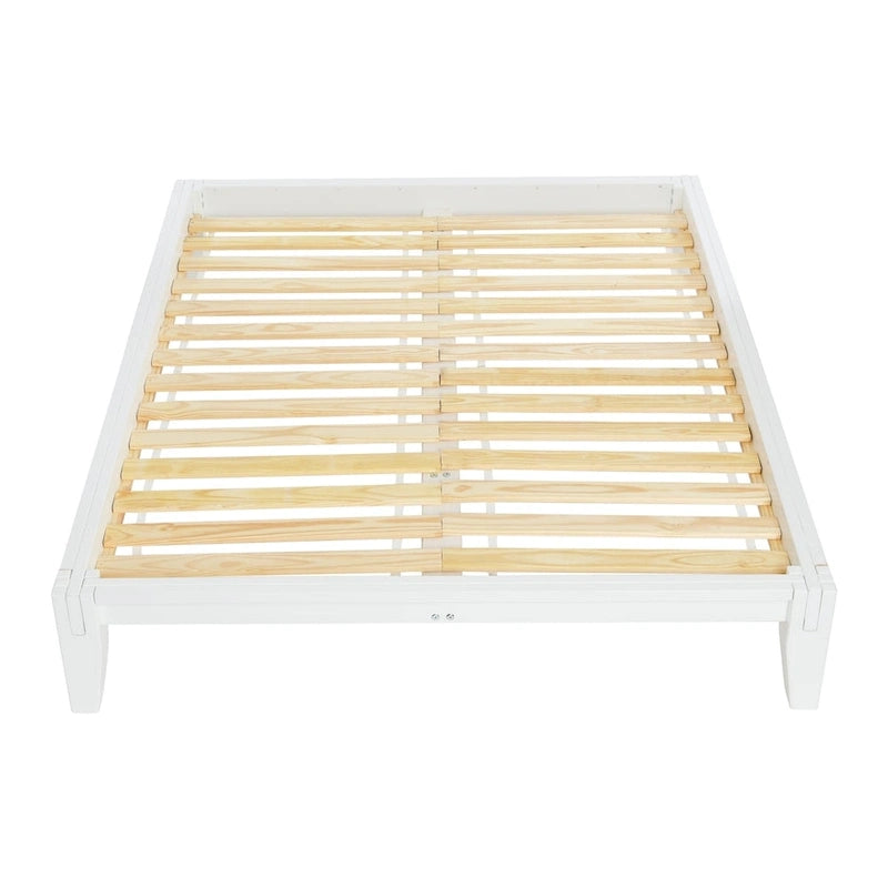 Lit bas plateforme en bois massif style Mid-Century avec assemblages japonais et lattes en bois, King, 2 personnes, Blanc / Noir / Marron
