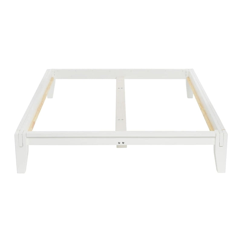 Lit bas plateforme en bois massif style Mid-Century avec assemblages japonais et lattes en bois, King, 2 personnes, Blanc / Noir / Marron