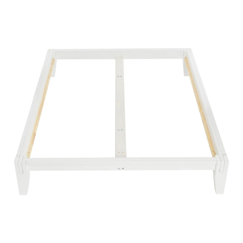 Lit bas plateforme en bois massif style Mid-Century avec assemblages japonais et lattes en bois, King, 2 personnes, Blanc / Noir / Marron