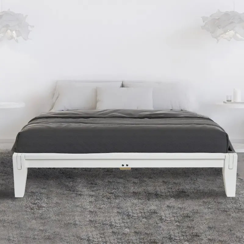 Lit bas plateforme en bois massif style Mid-Century avec assemblages japonais et lattes en bois, King, 2 personnes, Blanc / Noir / Marron