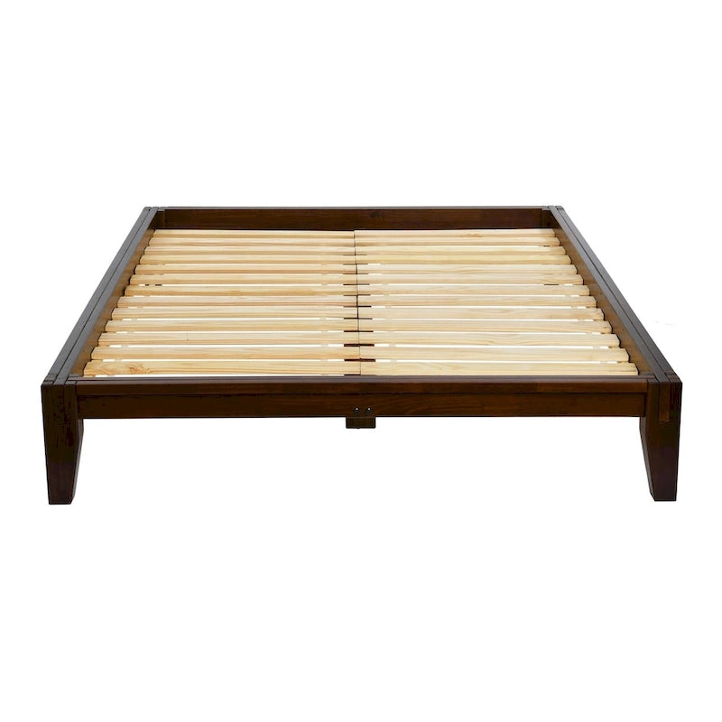 Lit bas plateforme en bois massif style Mid-Century avec assemblages japonais et lattes en bois, King, 2 personnes, Blanc / Noir / Marron