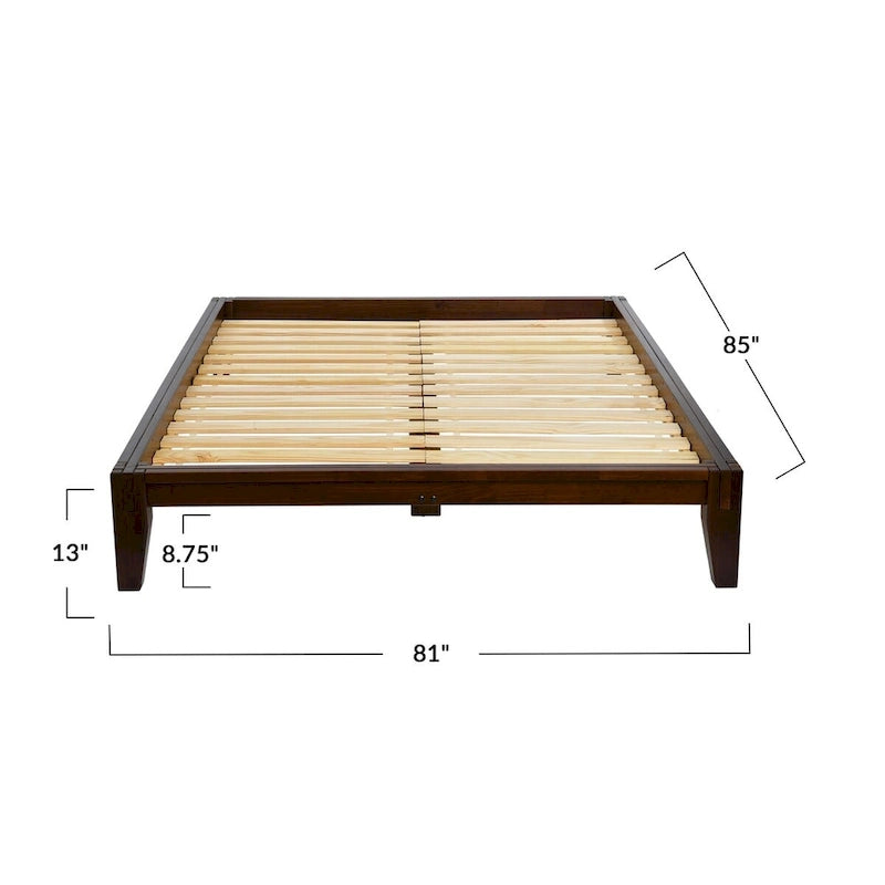 Lit bas plateforme en bois massif style Mid-Century avec assemblages japonais et lattes en bois, King, 2 personnes, Blanc / Noir / Marron