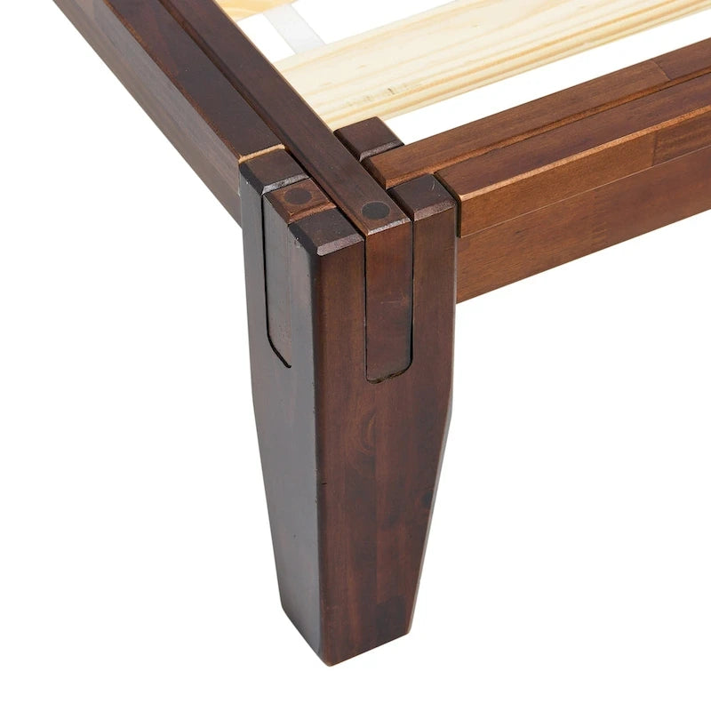 Lit bas plateforme en bois massif style Mid-Century avec assemblages japonais et lattes en bois, King, 2 personnes, Blanc / Noir / Marron