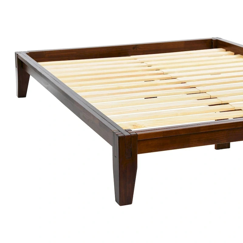 Lit bas plateforme en bois massif style Mid-Century avec assemblages japonais et lattes en bois, King, 2 personnes, Blanc / Noir / Marron