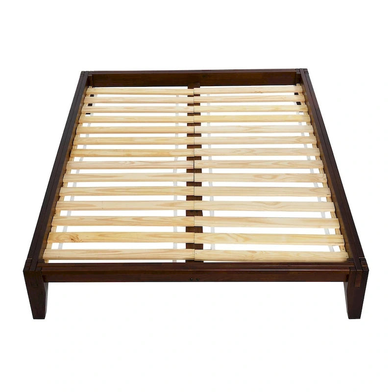 Lit bas plateforme en bois massif style Mid-Century avec assemblages japonais et lattes en bois, King, 2 personnes, Blanc / Noir / Marron