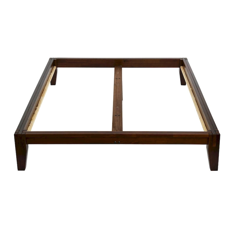 Lit bas plateforme en bois massif style Mid-Century avec assemblages japonais et lattes en bois, King, 2 personnes, Blanc / Noir / Marron