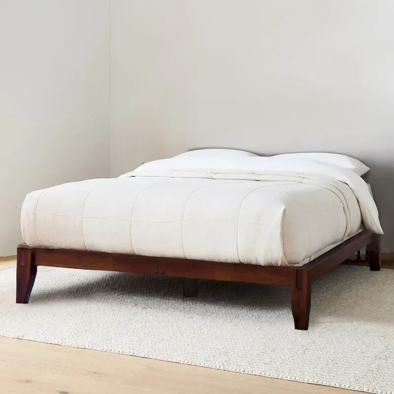 Lit bas plateforme en bois massif style Mid-Century avec assemblages japonais et lattes en bois, King, 2 personnes, Blanc / Noir / Marron