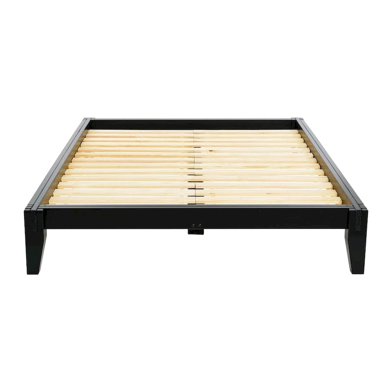 Lit bas plateforme en bois massif style Mid-Century avec assemblages japonais et lattes en bois, King, 2 personnes, Blanc / Noir / Marron