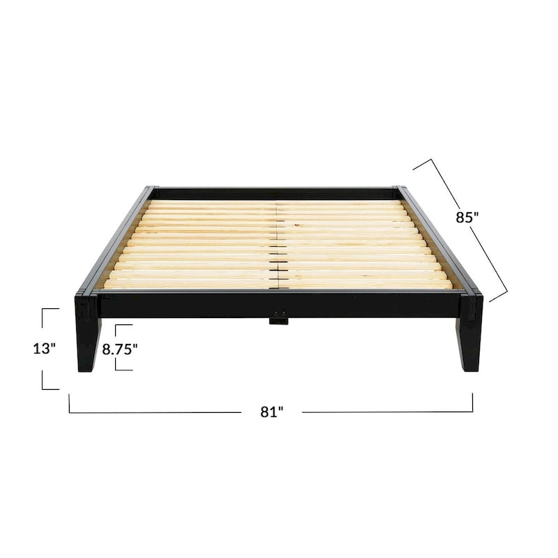 Lit bas plateforme en bois massif style Mid-Century avec assemblages japonais et lattes en bois, King, 2 personnes, Blanc / Noir / Marron
