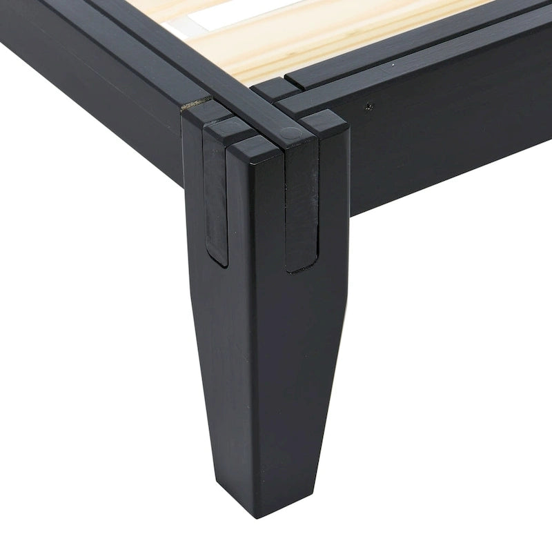 Lit bas plateforme en bois massif style Mid-Century avec assemblages japonais et lattes en bois, King, 2 personnes, Blanc / Noir / Marron