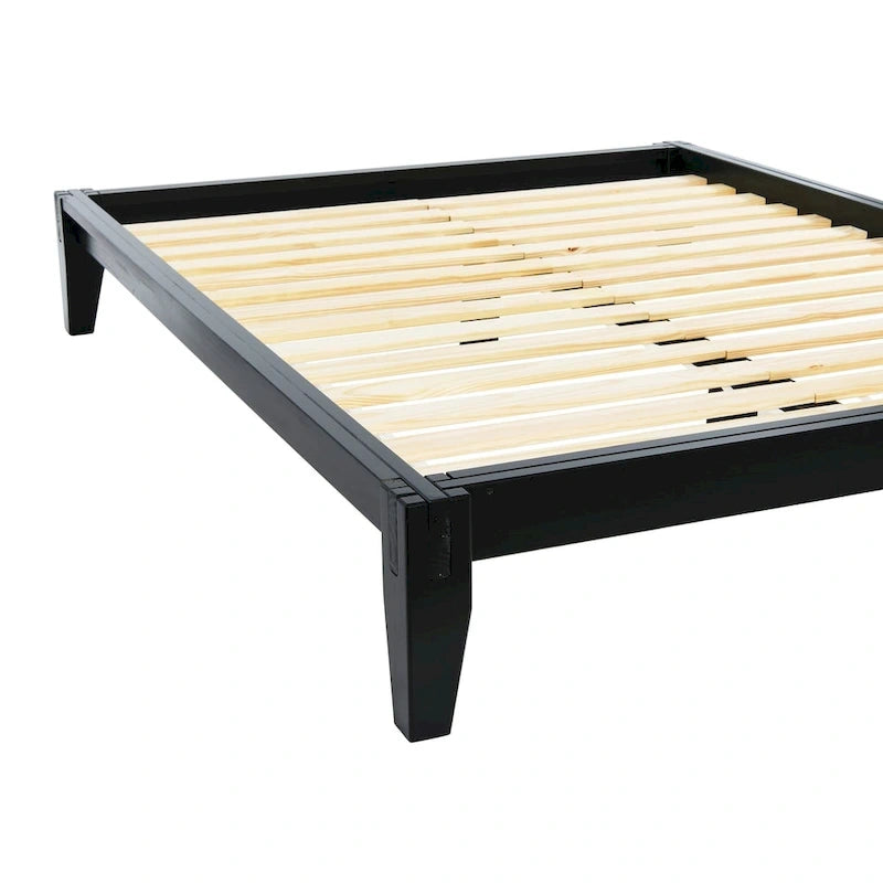 Lit bas plateforme en bois massif style Mid-Century avec assemblages japonais et lattes en bois, King, 2 personnes, Blanc / Noir / Marron