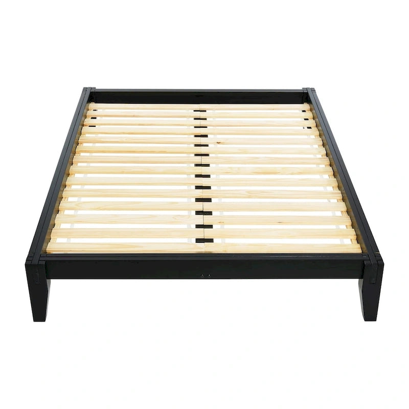 Lit bas plateforme en bois massif style Mid-Century avec assemblages japonais et lattes en bois, King, 2 personnes, Blanc / Noir / Marron