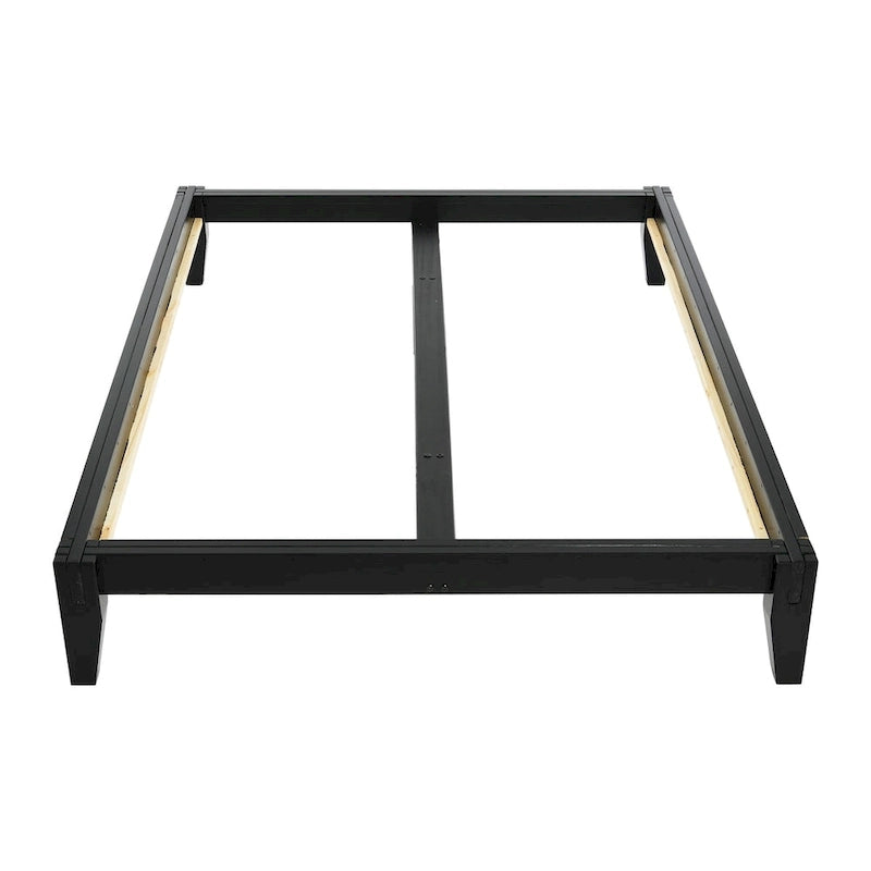 Lit bas plateforme en bois massif style Mid-Century avec assemblages japonais et lattes en bois, King, 2 personnes, Blanc / Noir / Marron