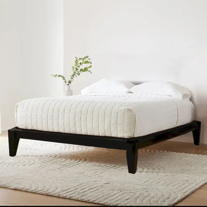 Lit bas plateforme en bois massif style Mid-Century avec assemblages japonais et lattes en bois, King, 2 personnes, Blanc / Noir / Marron