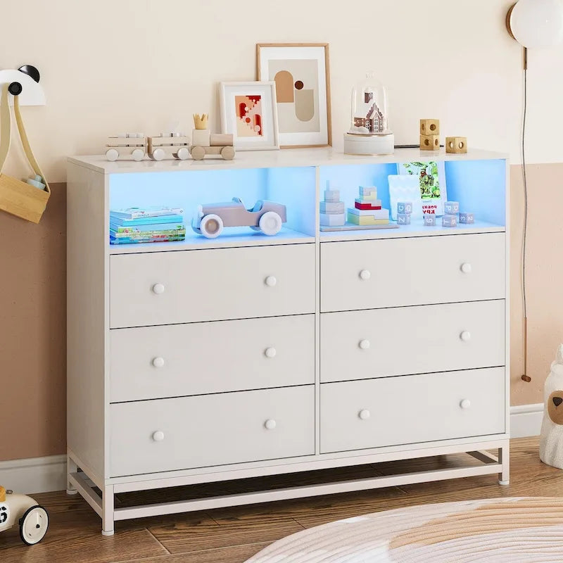 Commode large 6 tiroirs blanc / noir / rose avec lumières LED RVB et station de recharge, 1 personne
