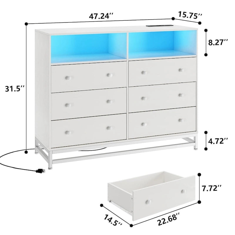 Commode large 6 tiroirs blanc / noir / rose avec lumières LED RVB et station de recharge, 1 personne