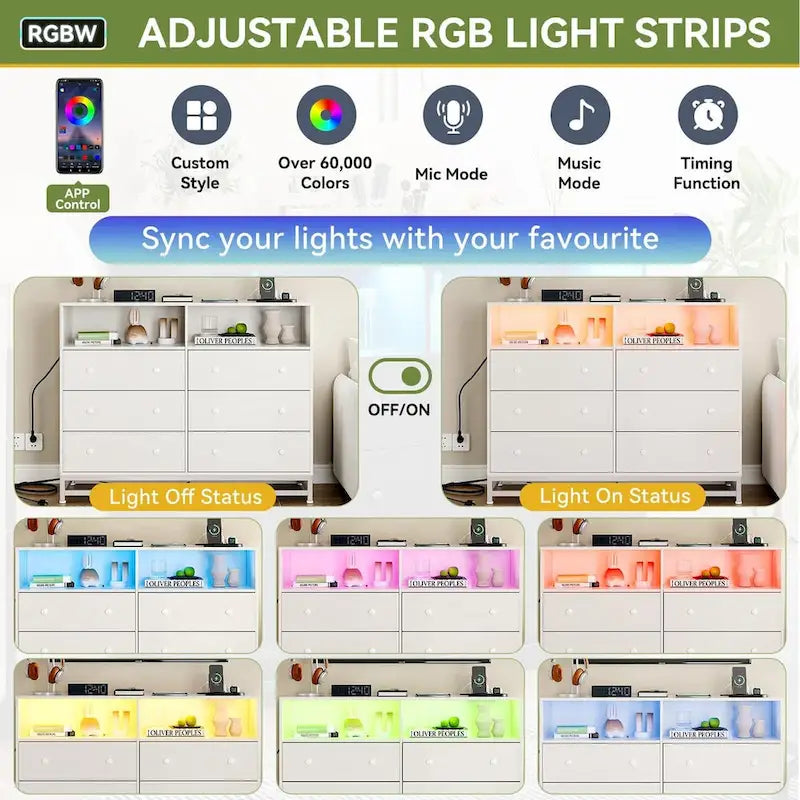 Commode large 6 tiroirs blanc / noir / rose avec lumières LED RVB et station de recharge, 1 personne