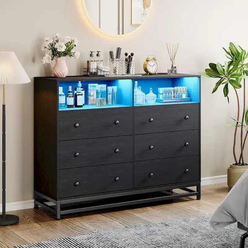 Commode large 6 tiroirs blanc / noir / rose avec lumières LED RVB et station de recharge, 1 personne