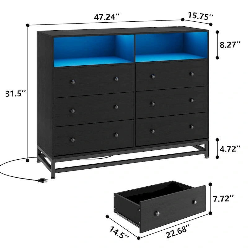 Commode large 6 tiroirs blanc / noir / rose avec lumières LED RVB et station de recharge, 1 personne
