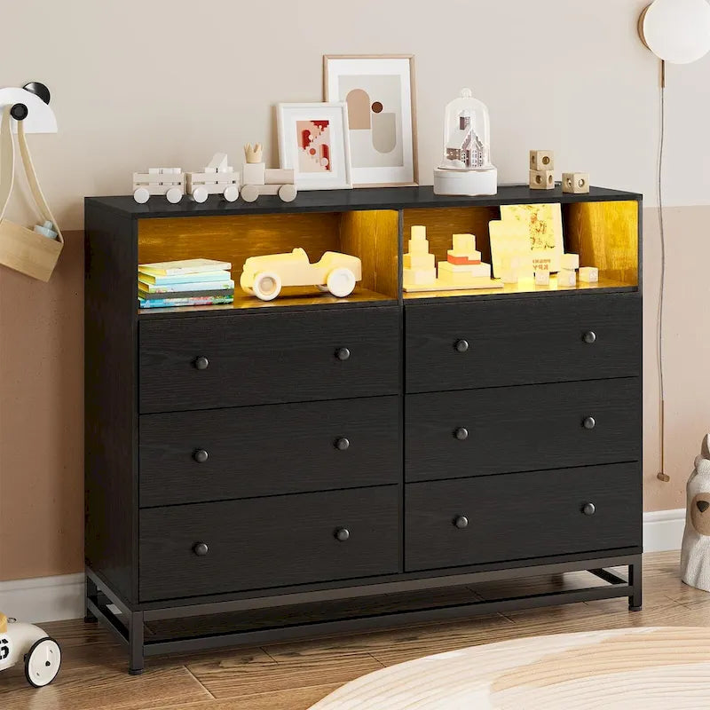 Commode large 6 tiroirs blanc / noir / rose avec lumières LED RVB et station de recharge, 1 personne