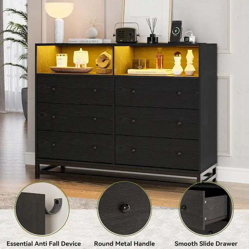 Commode large 6 tiroirs blanc / noir / rose avec lumières LED RVB et station de recharge, 1 personne